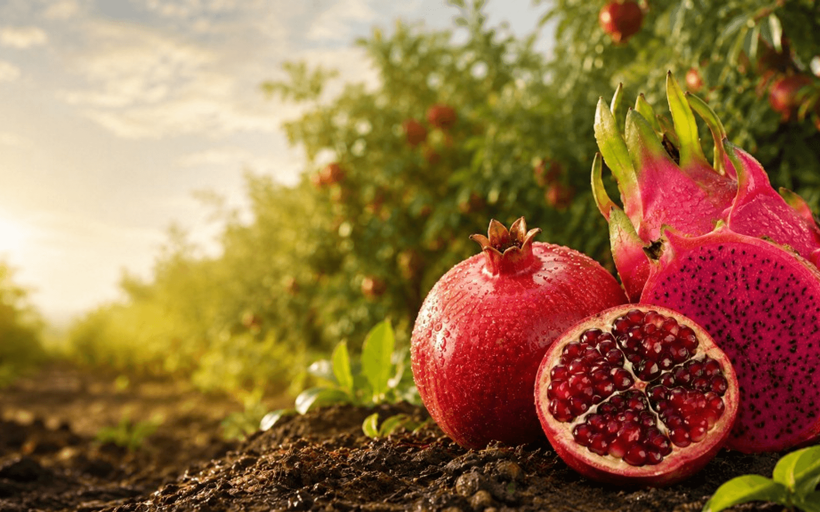 Fresh pomegranates and dragon fruit at golden hour in the Ravi Farm orchard